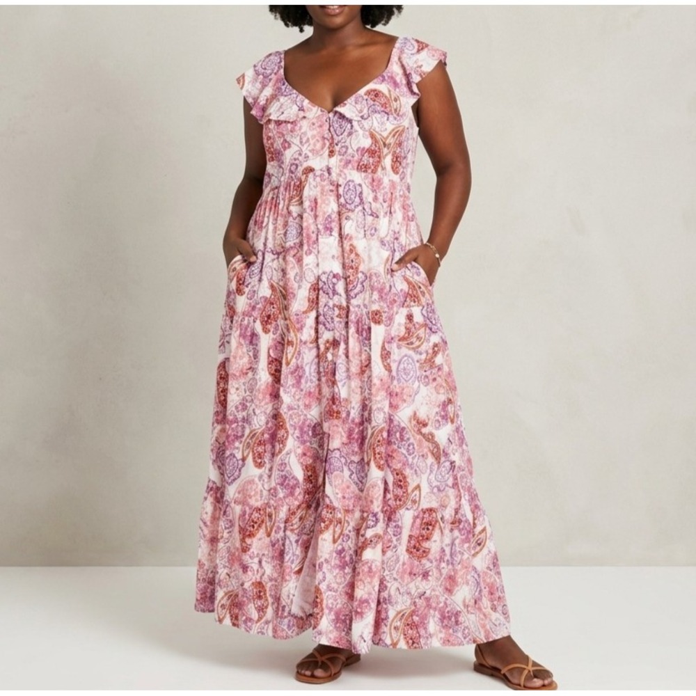 City Chic Dress Blushing Beauty Size 16W Pink Paisley Ruffle Maxi Pockets Boho
